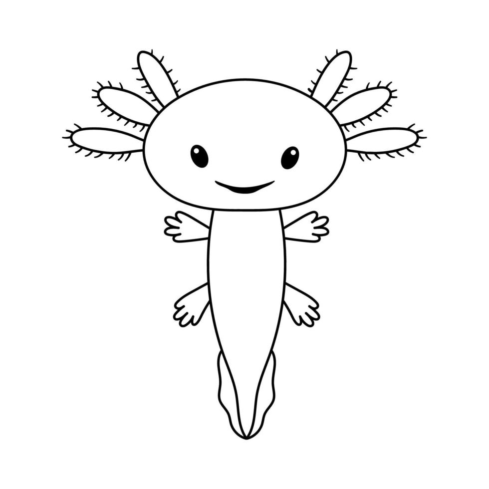 vectorillustratie van schattige gestileerde axolotl salamander geïsoleerd op een witte achtergrond. baby axolotl glimlach. tekenen in kaderstijl voor kleurboek vector