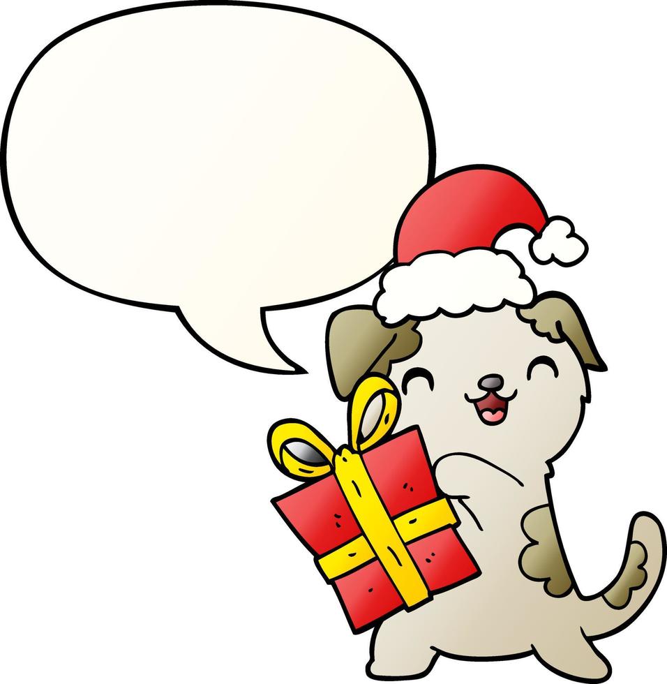 schattige cartoon puppy en kerstcadeau en hoed en tekstballon in vloeiende verloopstijl vector