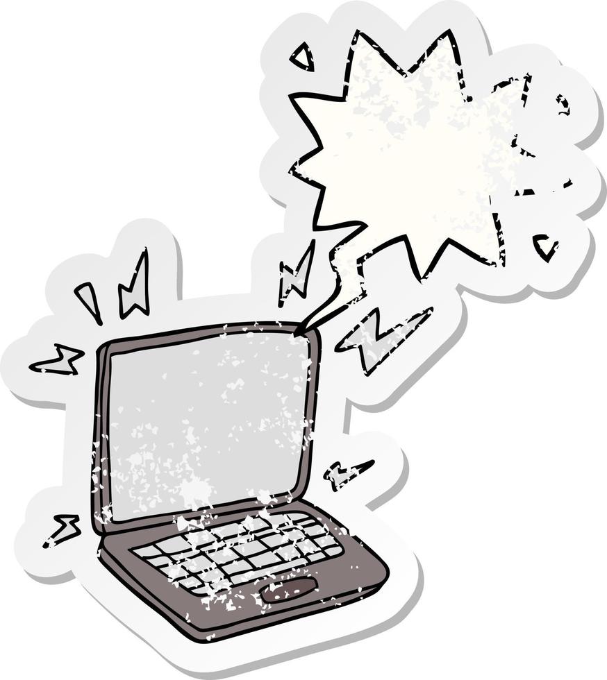 cartoon laptop computer en tekstballon noodlijdende sticker vector