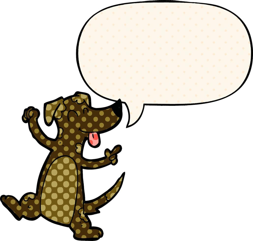 cartoon dansende hond en tekstballon in stripboekstijl vector