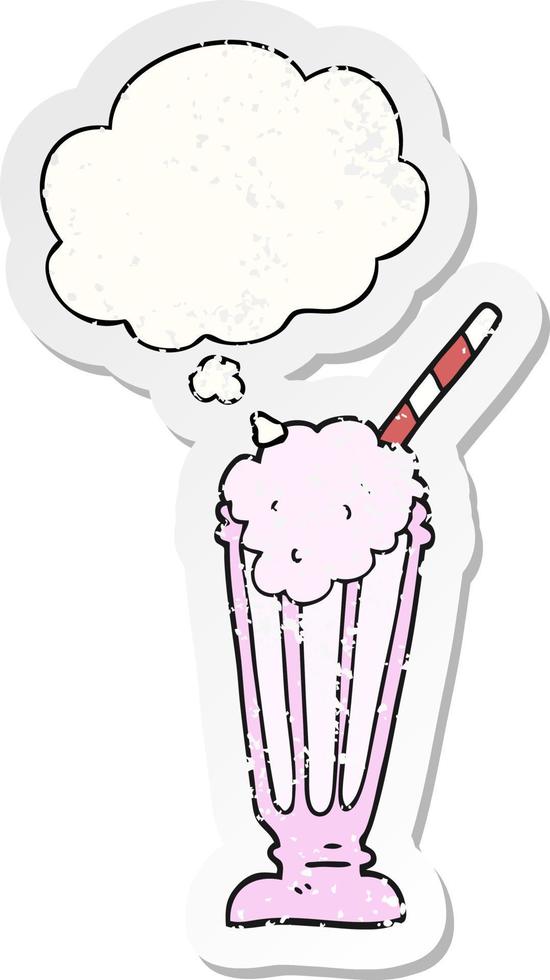 cartoon milkshake en gedachte bel als een versleten versleten sticker vector