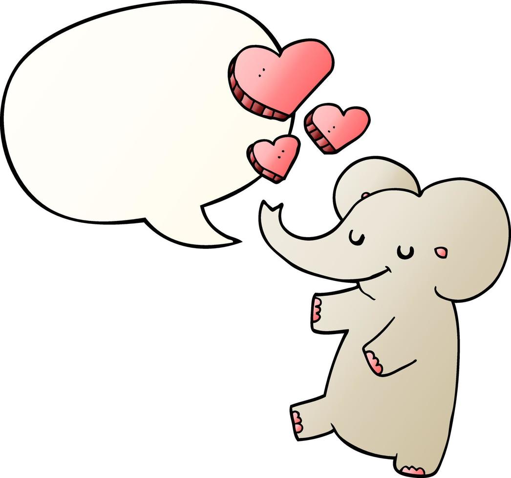 cartoon olifant en liefdesharten en tekstballon in vloeiende verloopstijl vector