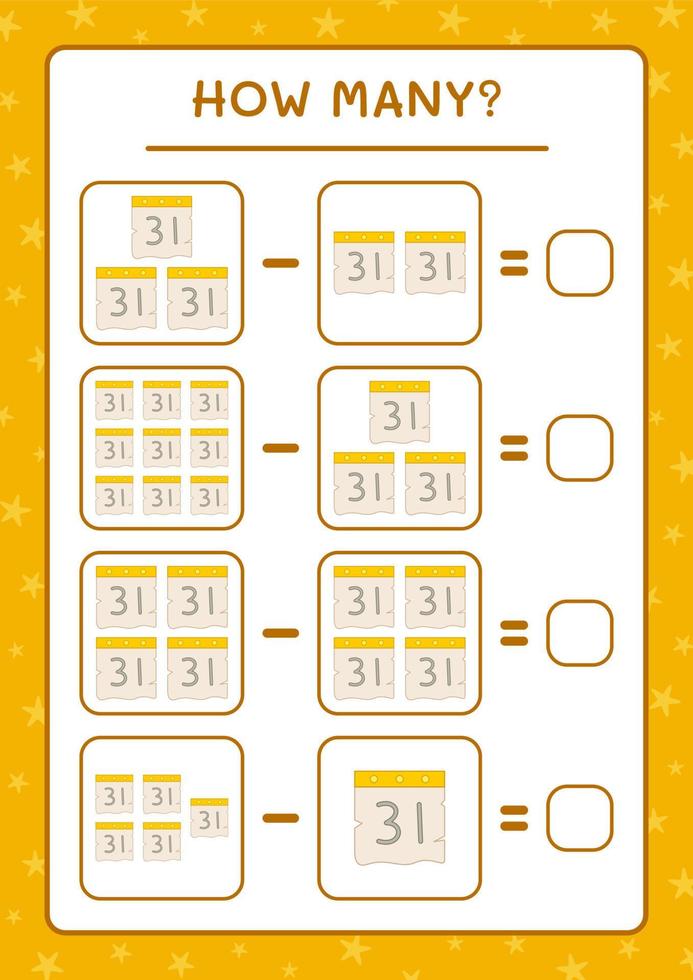 hoeveel kalender, spel voor kinderen. vectorillustratie, afdrukbaar werkblad vector