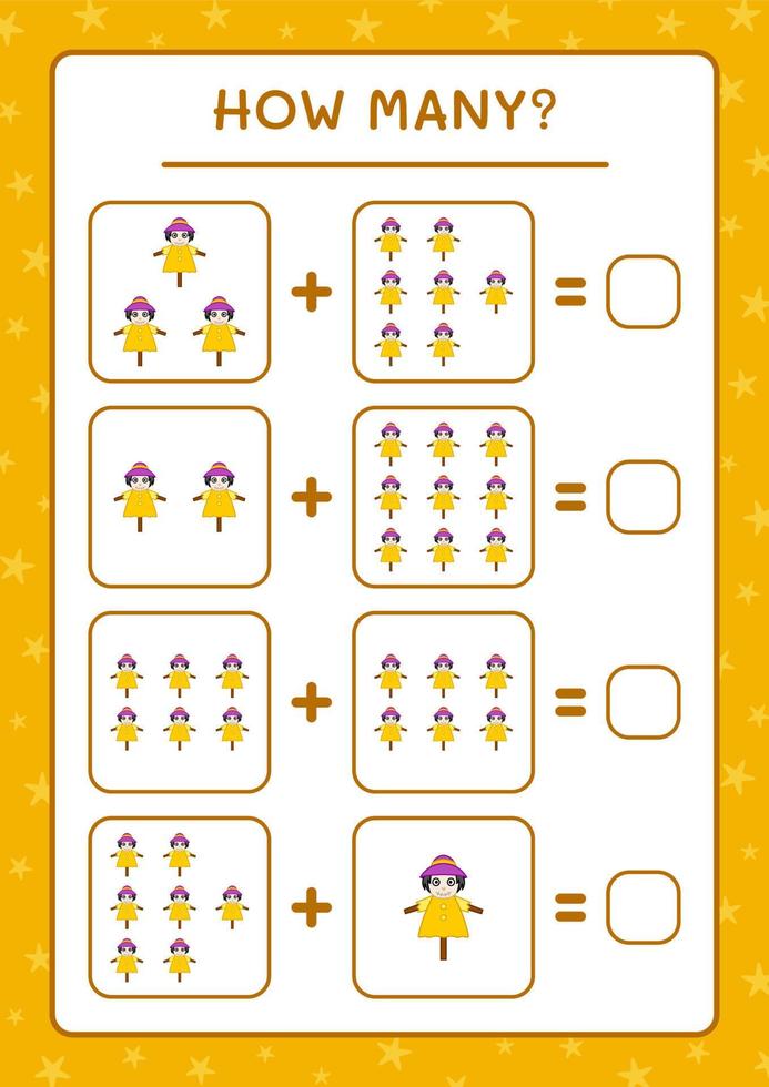 hoeveel vogelverschrikker, spel voor kinderen. vectorillustratie, afdrukbaar werkblad vector