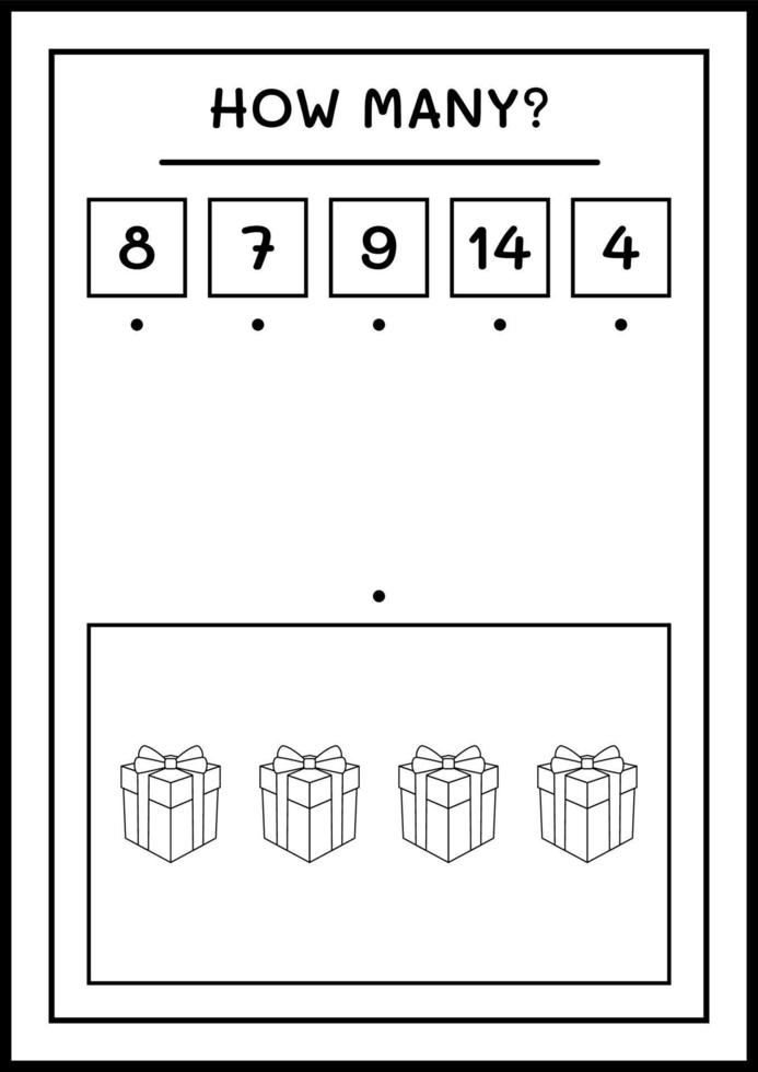 hoeveel geschenkdoos, spel voor kinderen. vectorillustratie, afdrukbaar werkblad vector