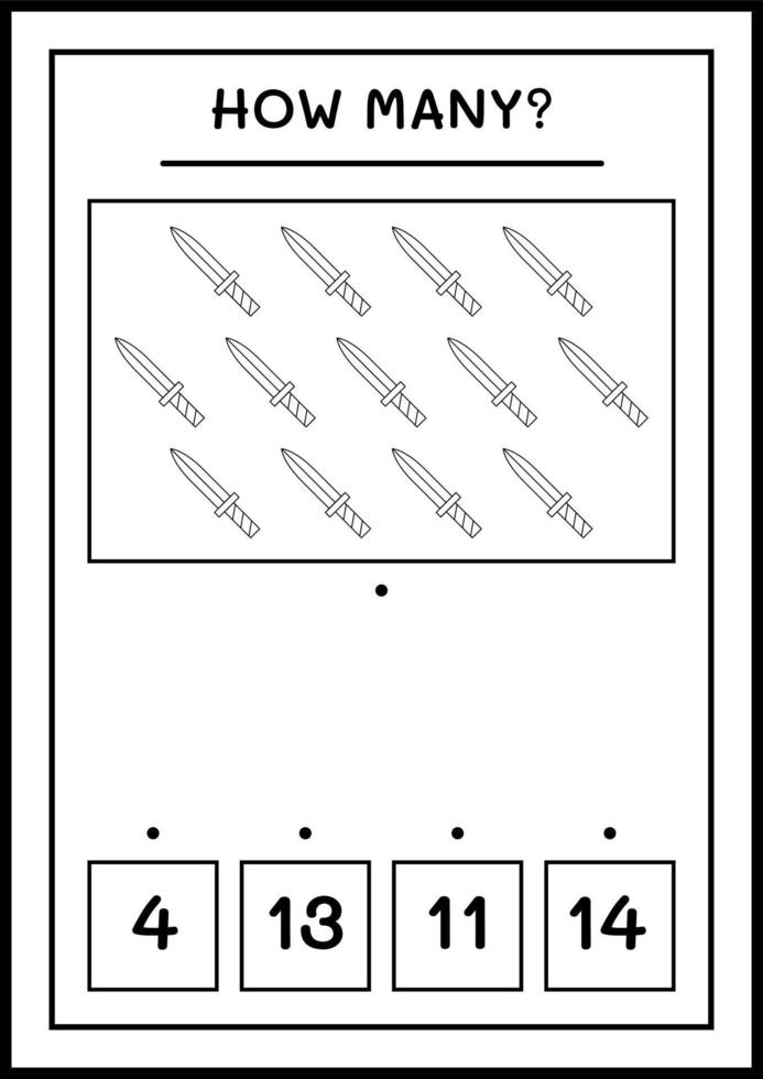 hoeveel zwaard, spel voor kinderen. vectorillustratie, afdrukbaar werkblad vector