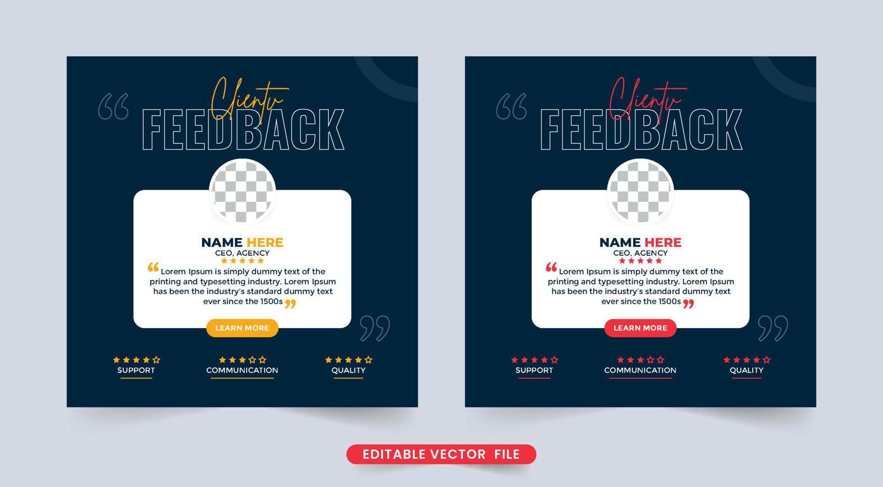 feedbacksjabloon voor klantenservice op een donkere achtergrond. beoordeling van klantfeedback of testimonial-lay-outontwerp voor bedrijf of website. klantgetuigenisvector met gele en rode teksteffecten. vector