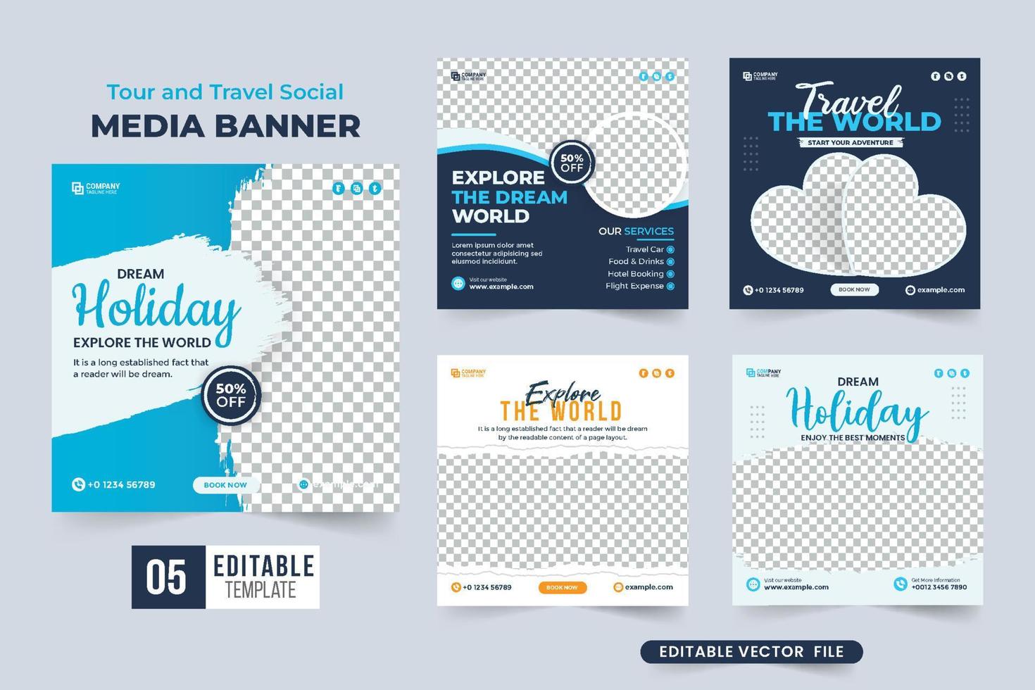 reisbureau zakelijke sociale media postontwerpbundel. tour- en reisflyer met donkerblauwe kleur. vakantie planner zakelijke brochure design collectie. touring groep sociale media advertentie sjabloon vector. vector