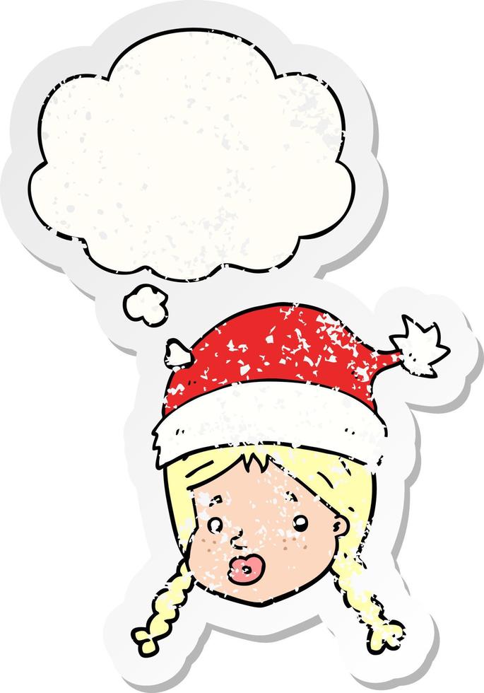 cartoon meisje met kerstmuts en gedachte bel als een versleten versleten sticker vector