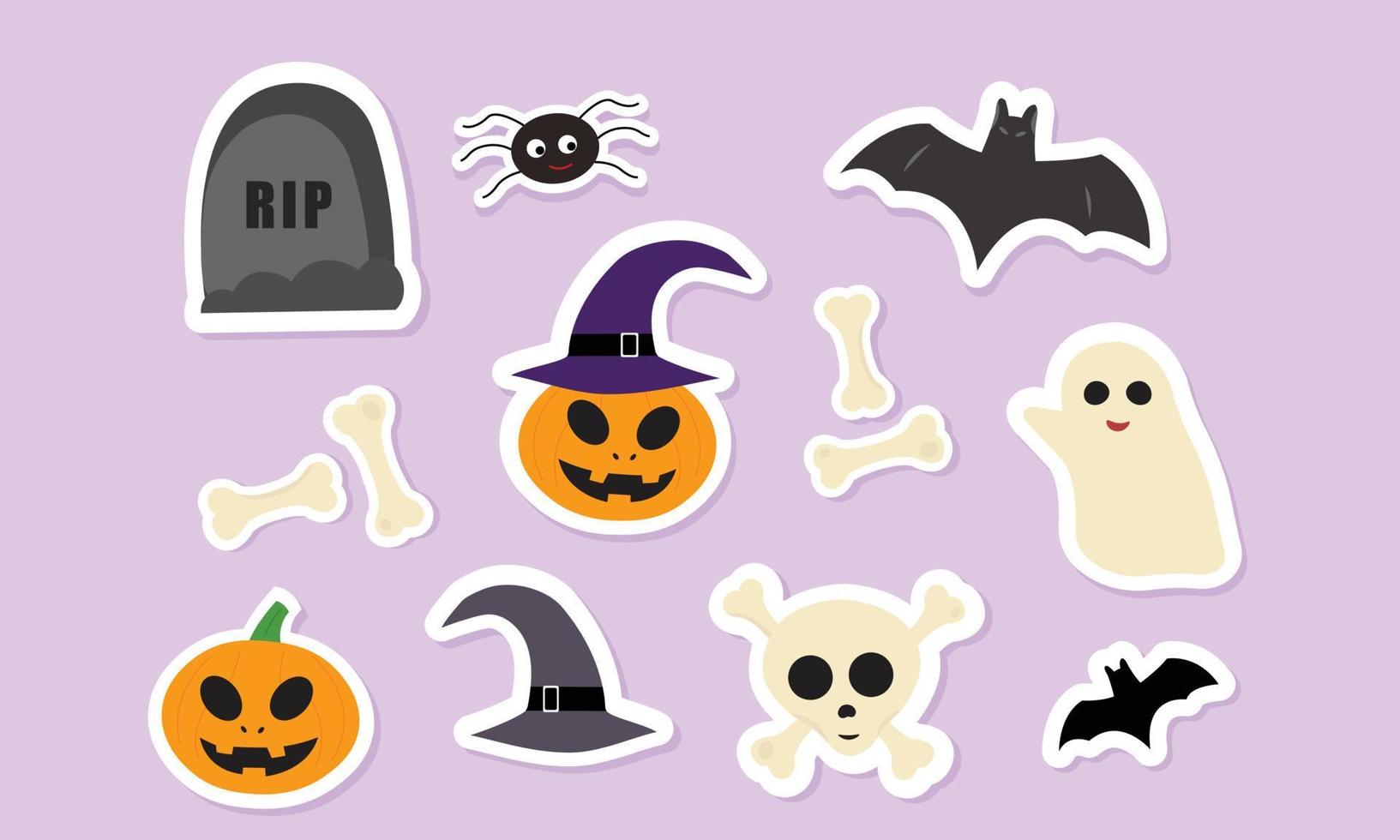 halloween-stickers voor spookachtig feest. graf, pompoen, schedel, botten en spin schattige set. vector