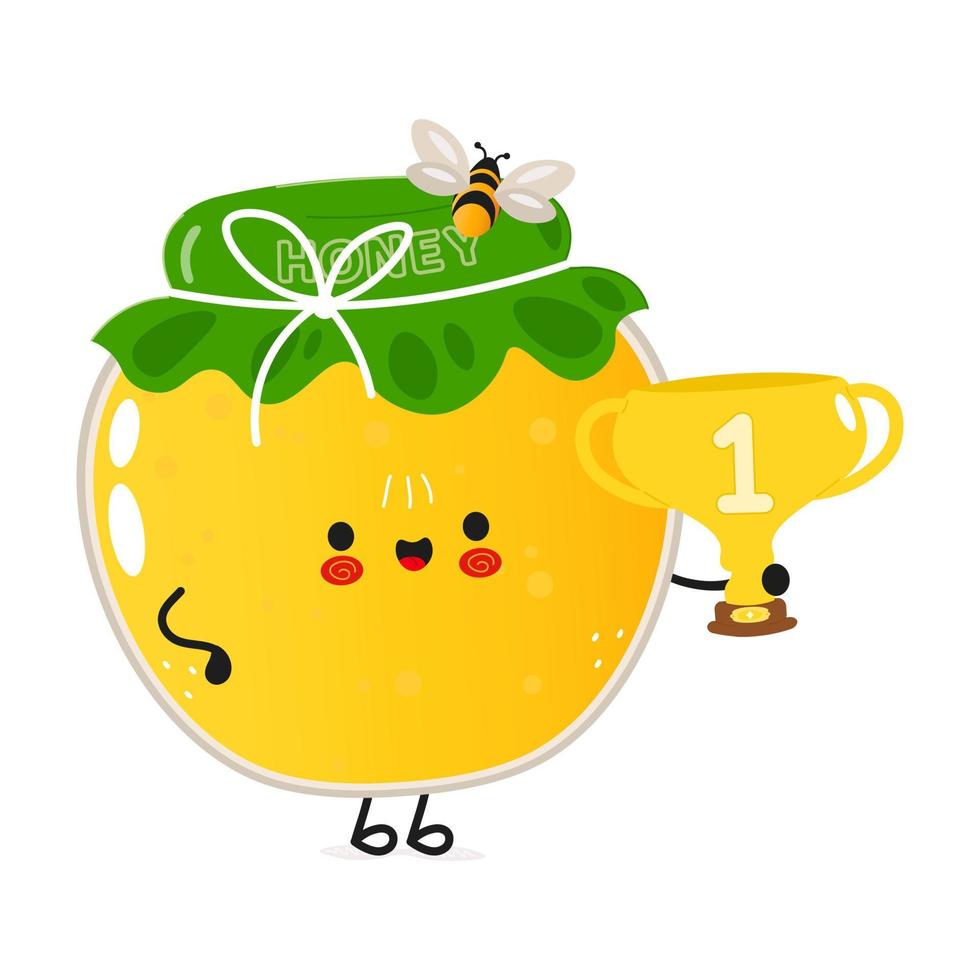 leuke grappige pot honing met gouden trofeebeker. vector hand getekend cartoon kawaii karakter illustratie pictogram. geïsoleerd op een witte achtergrond. pot honing met winnaar trofee beker