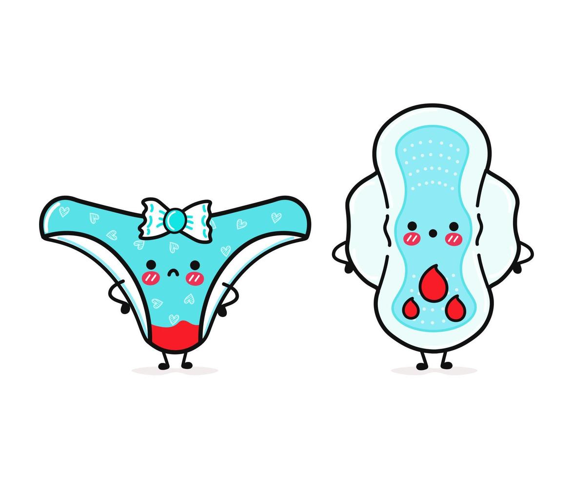 schattig, grappig vrolijk blauw slipje en maandverband met bloed. vector hand getekend kawaii stripfiguren, illustratie pictogram. grappige happy cartoon blauw slipje en menstruatiepad mascotte vrienden