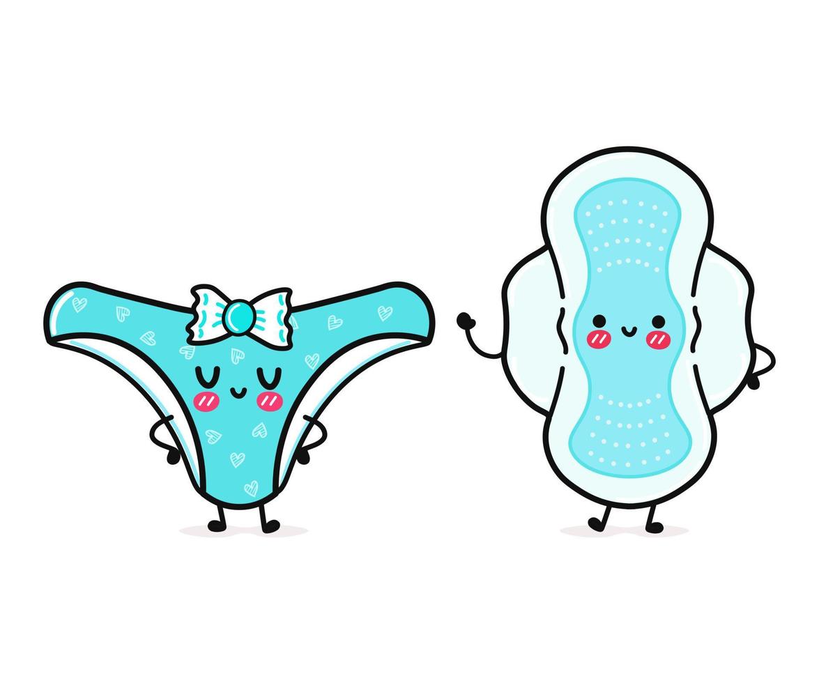 schattig, grappig vrolijk blauw slipje en maandverband. vector hand getekend kawaii stripfiguren, illustratie pictogram. grappige happy cartoon blauw slipje en menstruatiepad mascotte vrienden