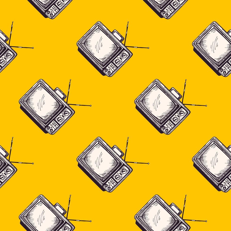 retro tv met antenne gegraveerd naadloos patroon. vintage televisie in de hand getekende stijl. vector