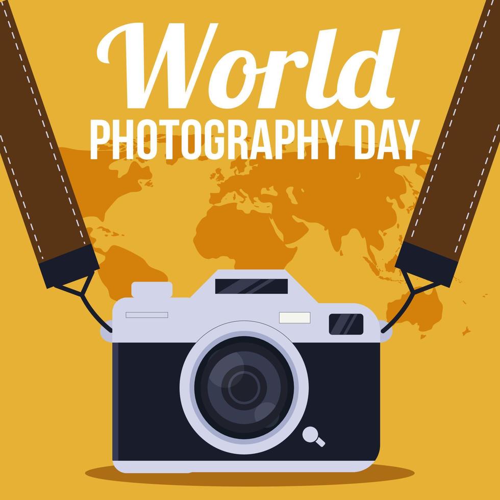 wereldfotografiedag met wereldkaart en vintage camera-illustratie vector