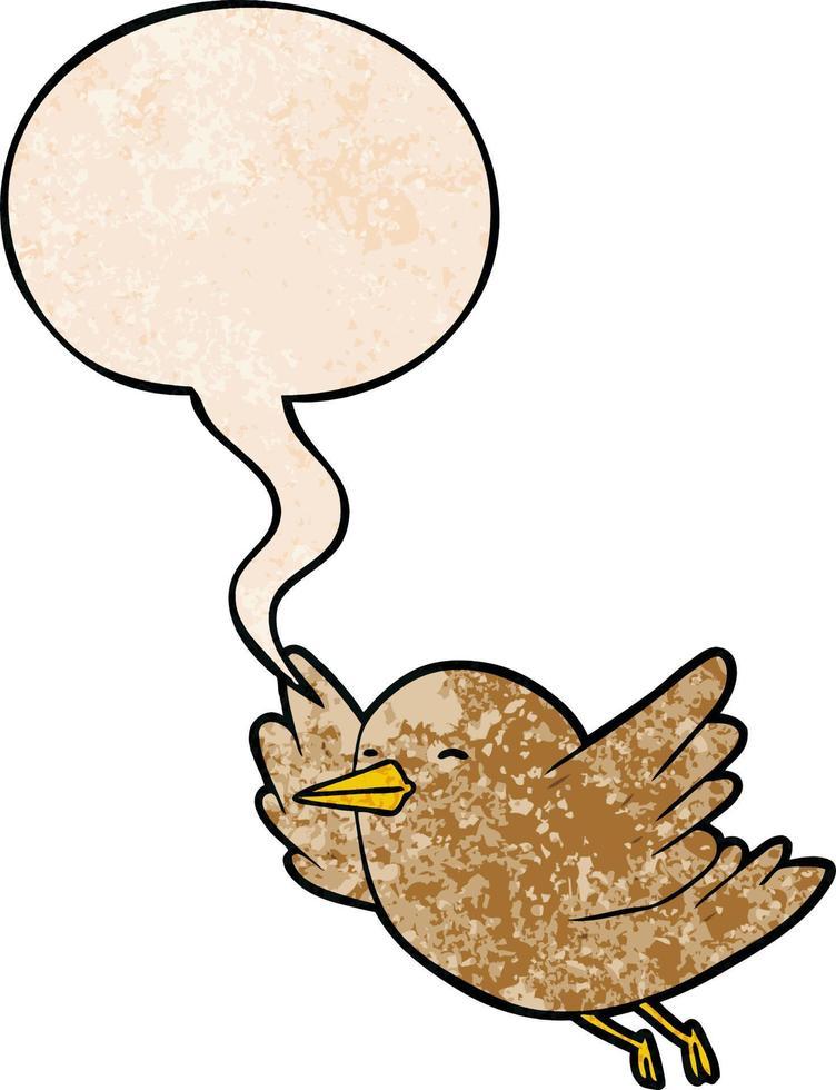 cartoon vogel vliegen en tekstballon in retro textuur stijl vector