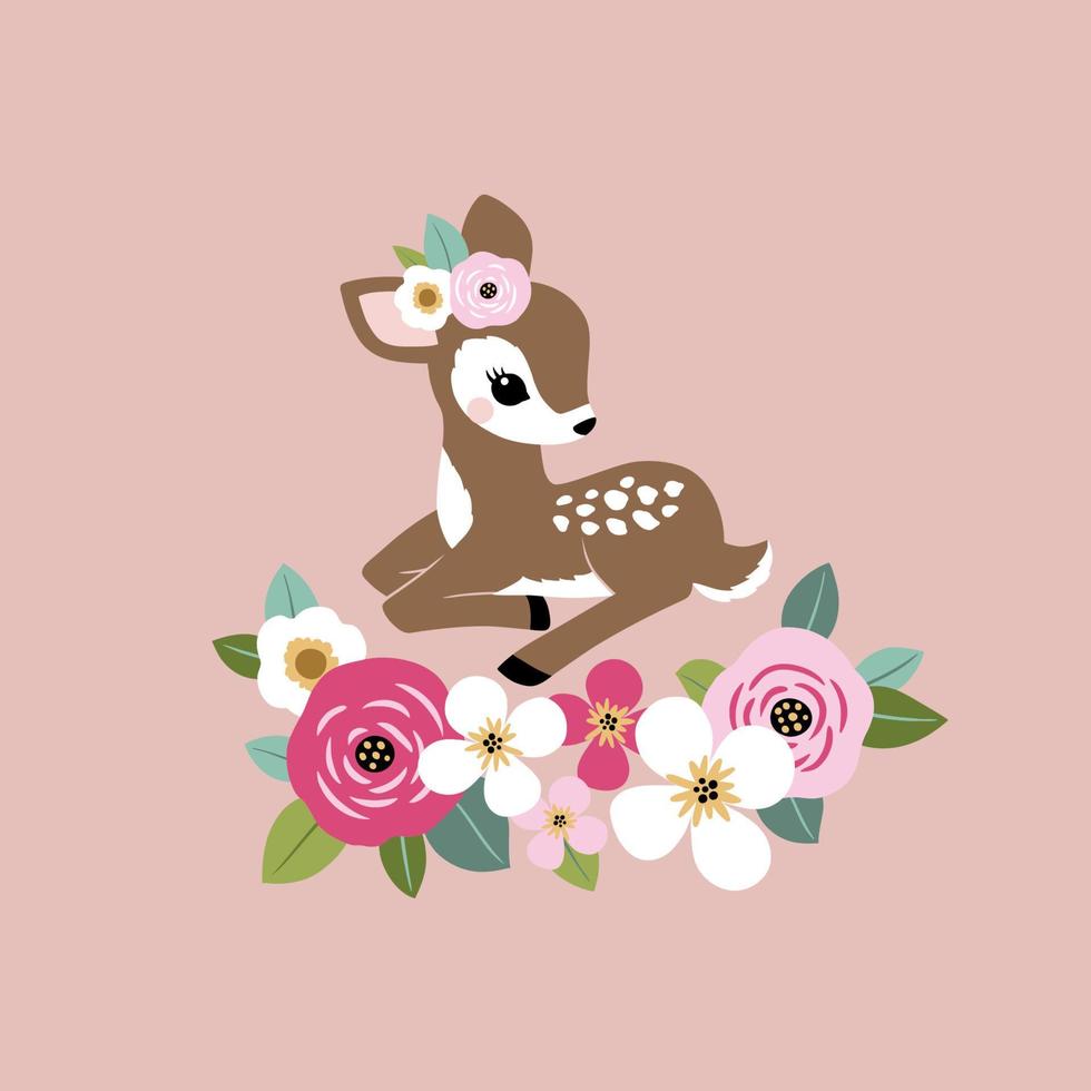 schattig vintage fawn met zomerbloemen. perfect voor T-shirt logo, wenskaart, poster, uitnodiging of print ontwerp. vector