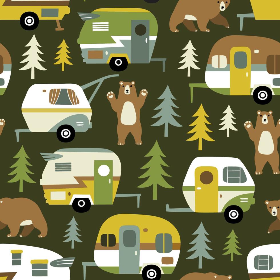 naadloos patroon met vintage kampeerwagens, beren en pijnbomen op donkerblauwe achtergrond. vector