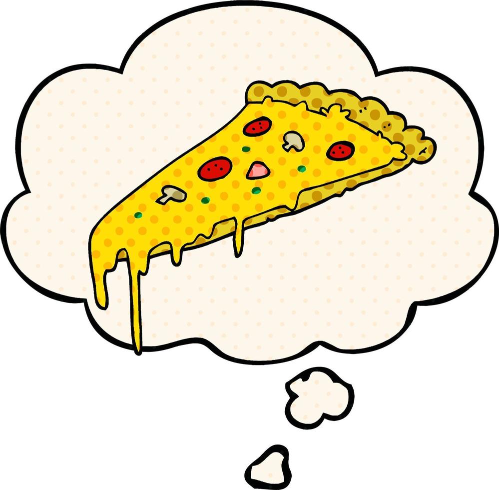 cartoon pizza slice en gedachte bel in stripboekstijl vector