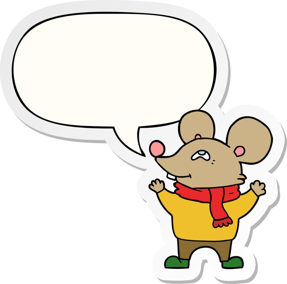 cartoon muis met sjaal en tekstballon sticker vector