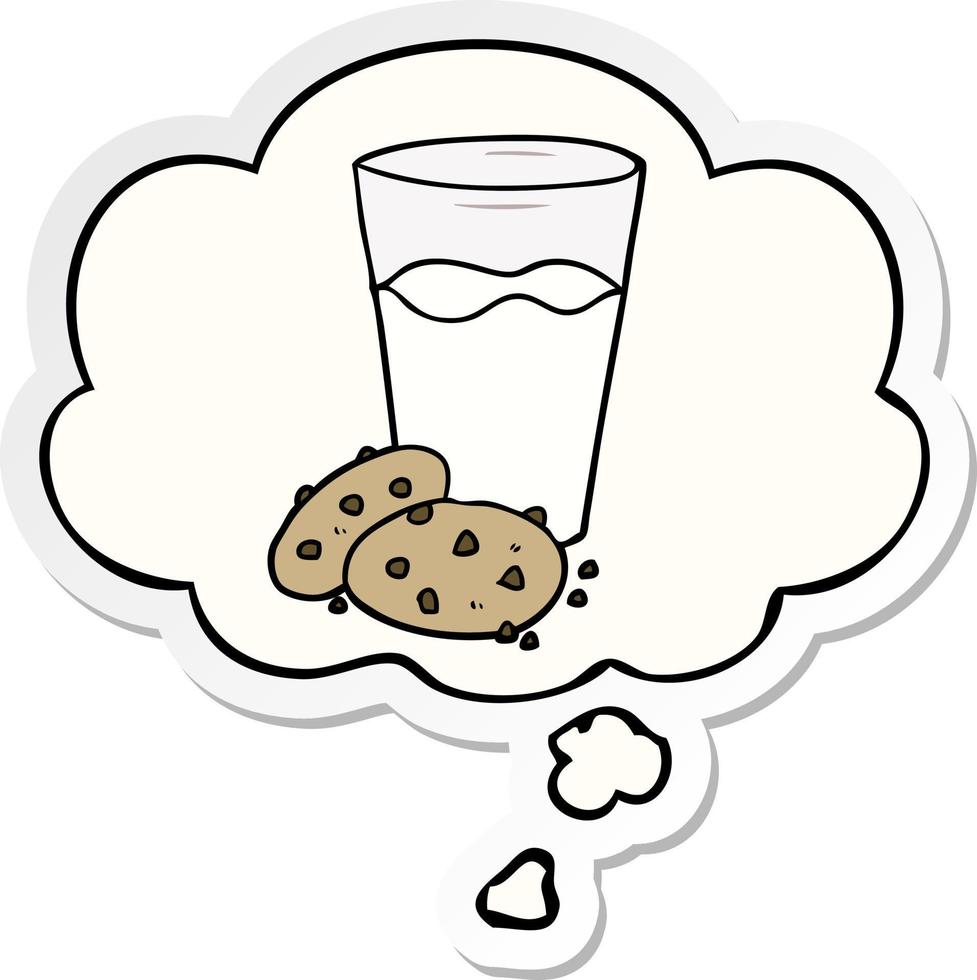 cartoon koekjes en melk en gedachte bel als een gedrukte sticker vector