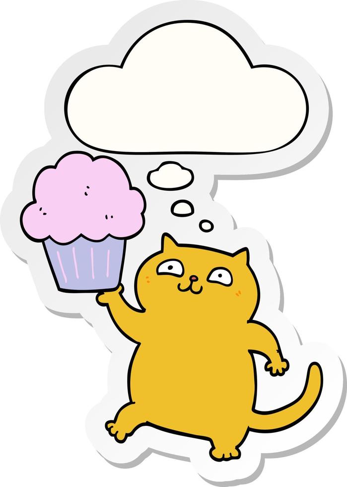 cartoon kat met cupcake en gedachte bel als een gedrukte sticker vector