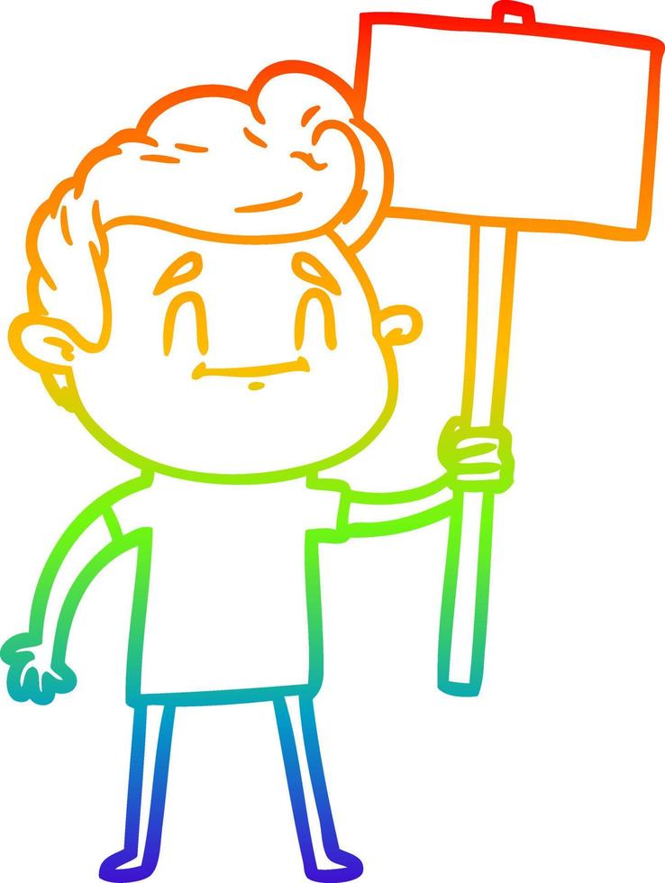 regenbooggradiënt lijntekening happy cartoon man met teken vector