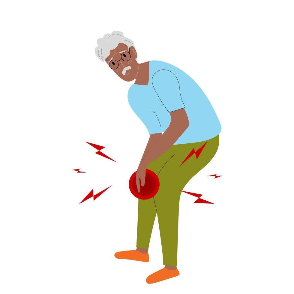 Afro-Amerikaanse senior man heeft kniepijn, pijn in de benen in plat ontwerp op witte achtergrond. man gebruikt hand aanraken op been en massage om zijn spier te ontspannen. vectorillustratie. vector
