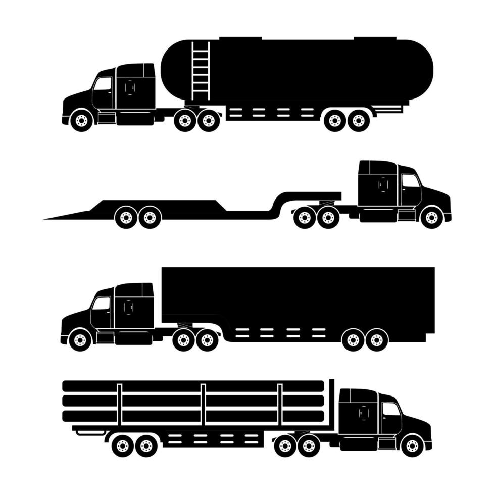vrachtwagen silhouet pictogrammen. verzending, vrachtwagens, dumpers. vervoer vector symbolen. transportaanhangwagen, bestelwagen, vrachtwagen illustratie