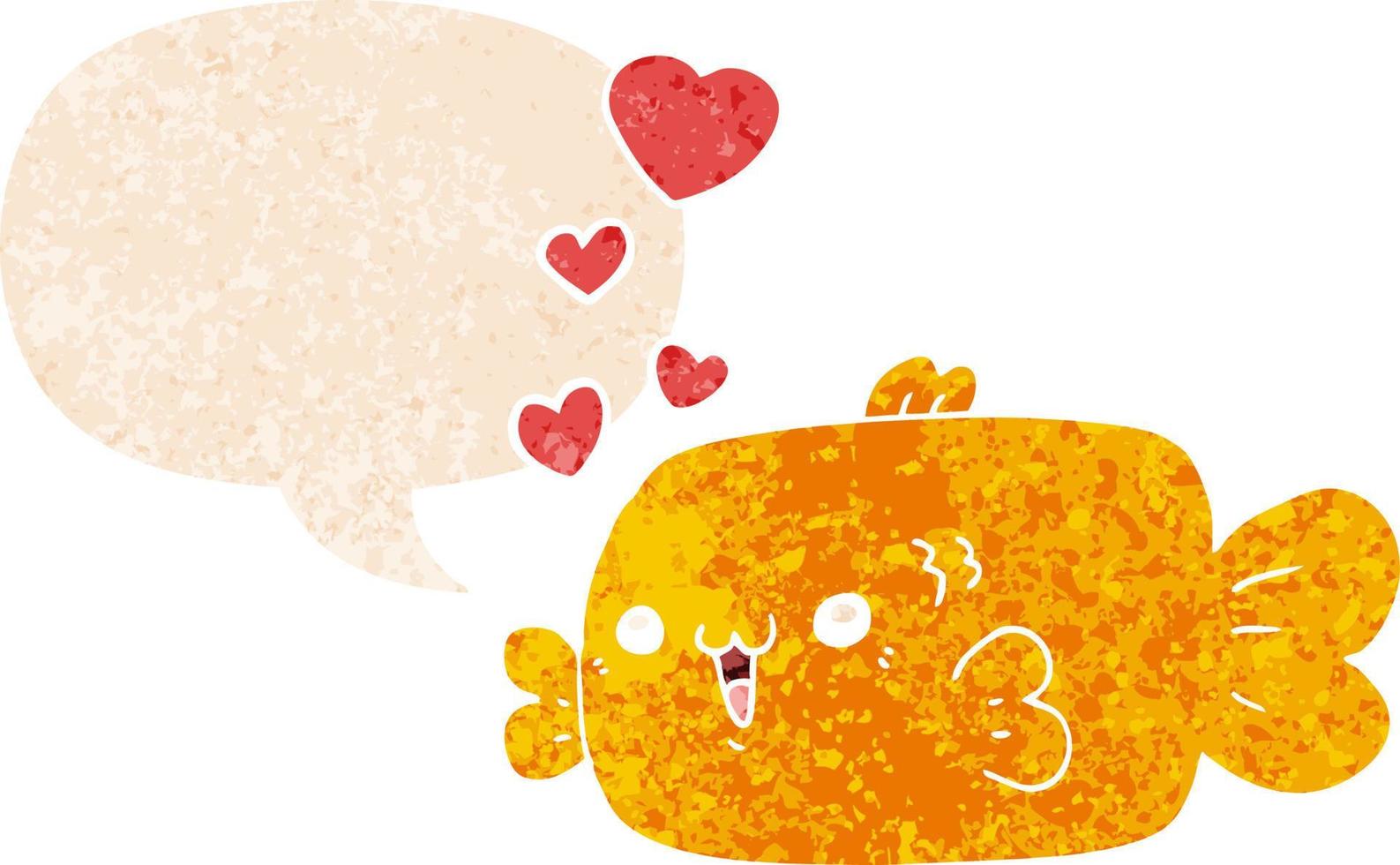 schattige cartoon vis met liefde harten en tekstballon in retro getextureerde stijl vector