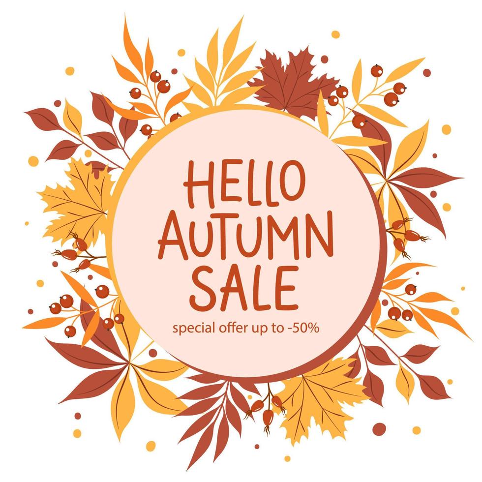 belettering hallo herfst verkoop met mooie heldere bladeren op een witte achtergrond. ontwerp te koop of promotionele poster, flyer, webbanner, emplate aanbieding van kortingen deals. vector illustratie