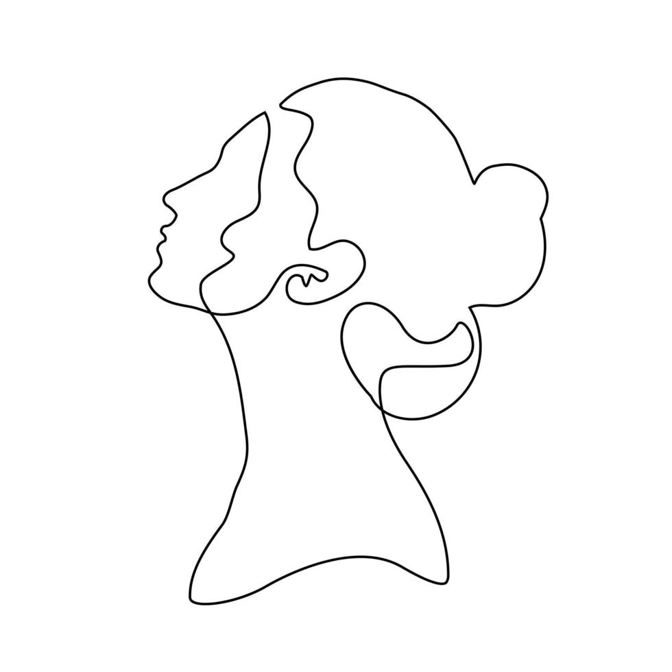 oneline elegante vrouw gezicht schets. continu vrouwelijk gezicht dat minimalistische lijnstijl trekt. print minimale mode vrouw portret met broodje. zwart-wit schoonheidssalon en cosmetica logo vector. vector