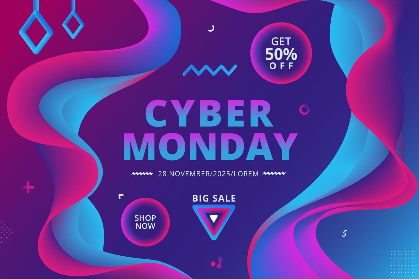 cyber maandag verkoopaanbieding, tekstbannerontwerp met creatieve 3d vloeiende vormen op kleurrijke blauwe achtergrond. online winkelen en marketing advertentie concept, vector gradiënt trendy illustratie.