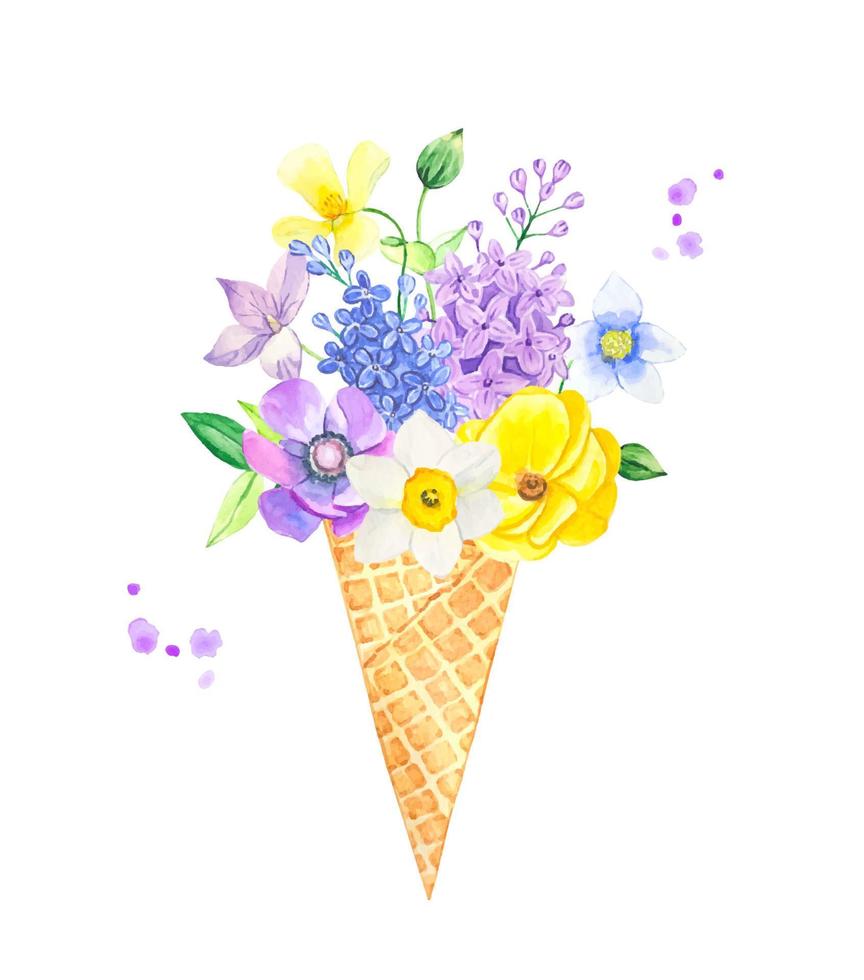 boeket zomerbloemen in een wafelbeker, aquarelillustratie vector