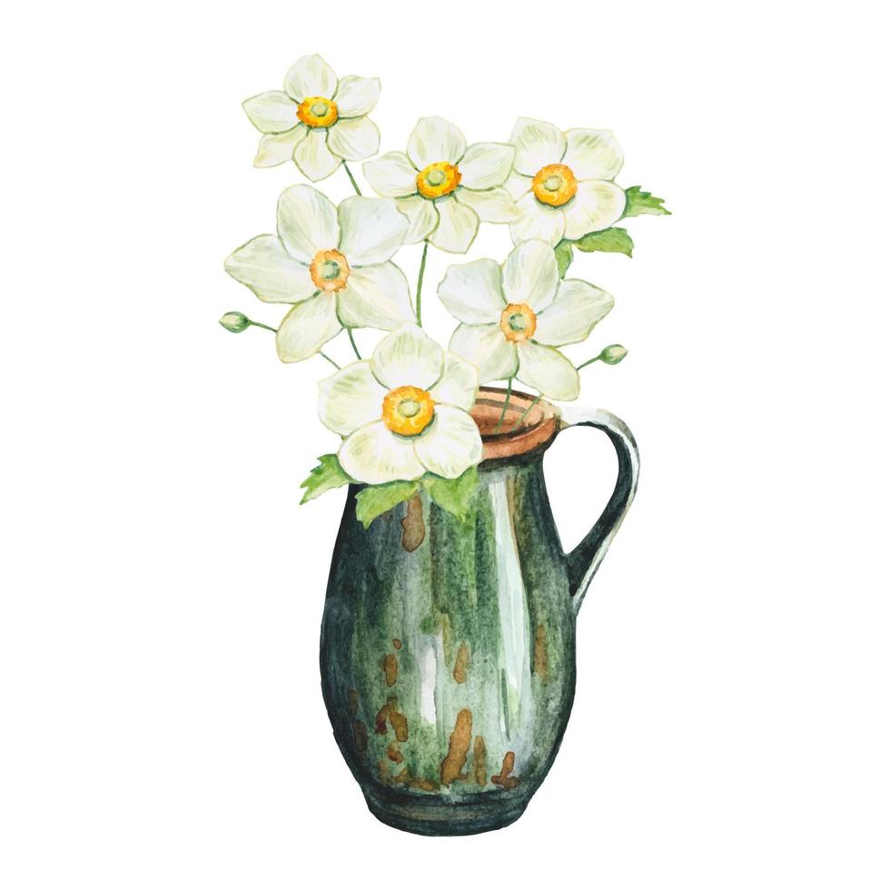 boeketten van witte anemonen in een vintage vaas. handgetekende aquarel illustratie vector