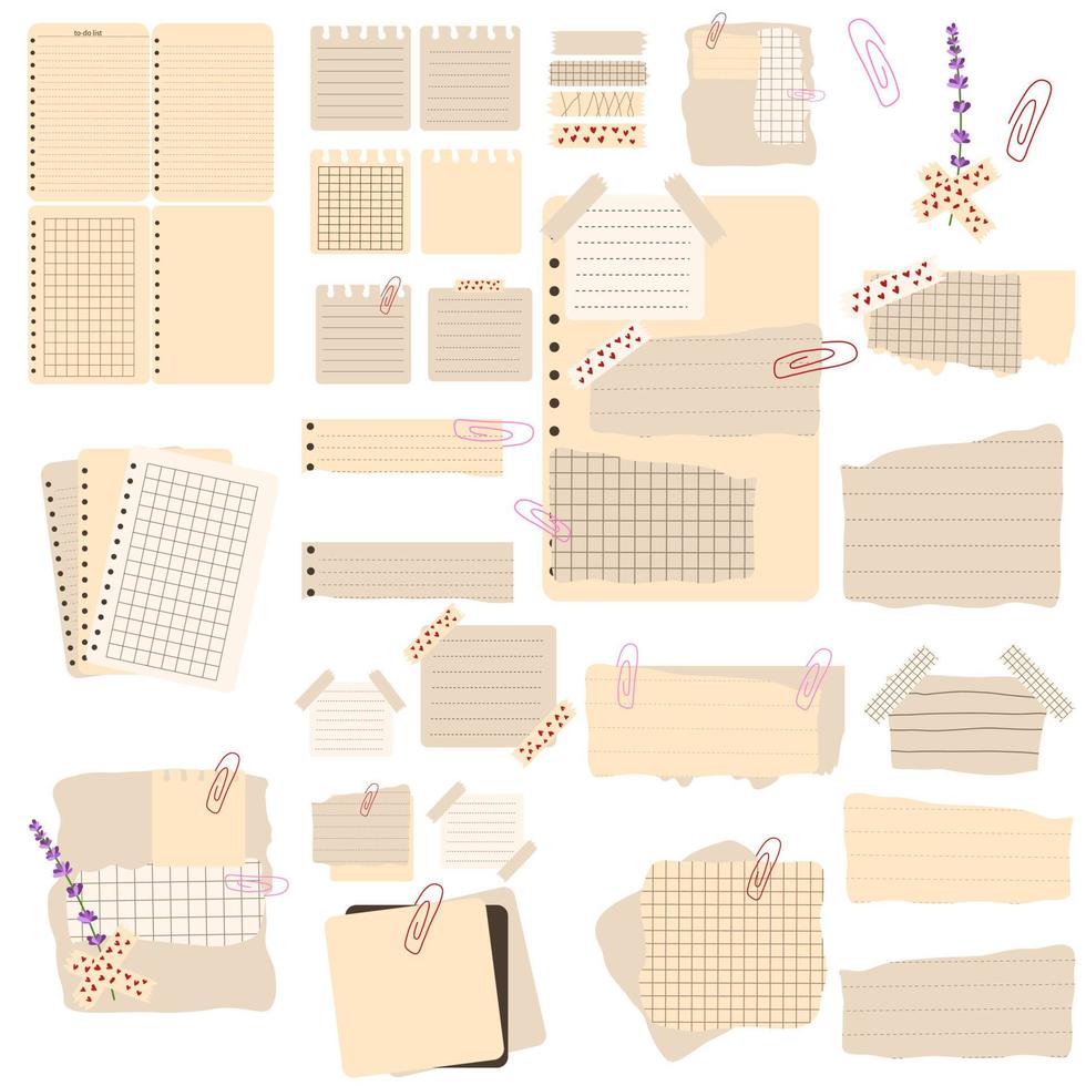 een set notities voor een notebook.set voor een elektronisch dagboek. stukjes aantekeningen vector