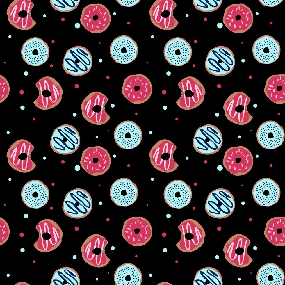 naadloos patroon met geglazuurde donuts. helder sappig patroon op een zwarte achtergrond vector