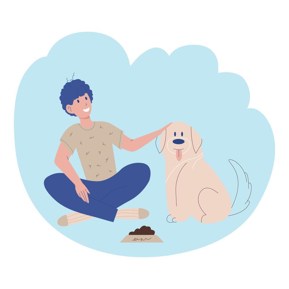 een man en een hond. een jongen aait een schattige hond. ik hou van dieren. hond. illustratie van een plat symbool. perfect voor games, boeken, t-shirts, ansichtkaarten, prints, posters, decoraties, textiel vector