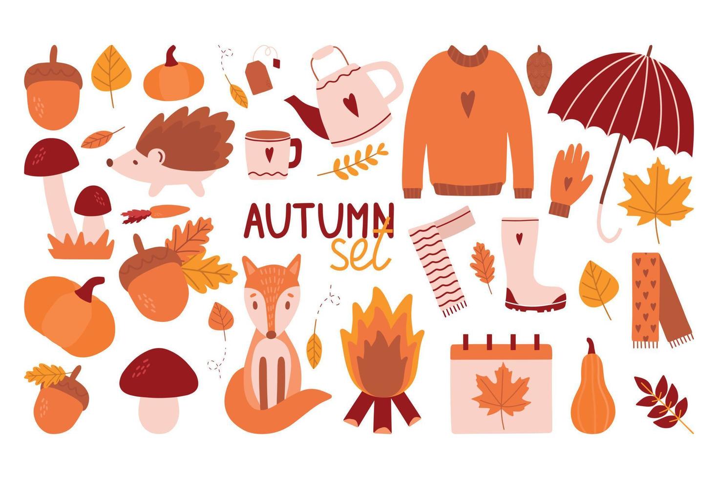 herfst set pictogrammen vallende bladeren, pompoenen, trui, schattige vos, bloemenkrans, kaarsen en meer. de elementen van het herfstseizoen zijn ideaal voor notities, ansichtkaarten, posters, uitnodigingen. vector
