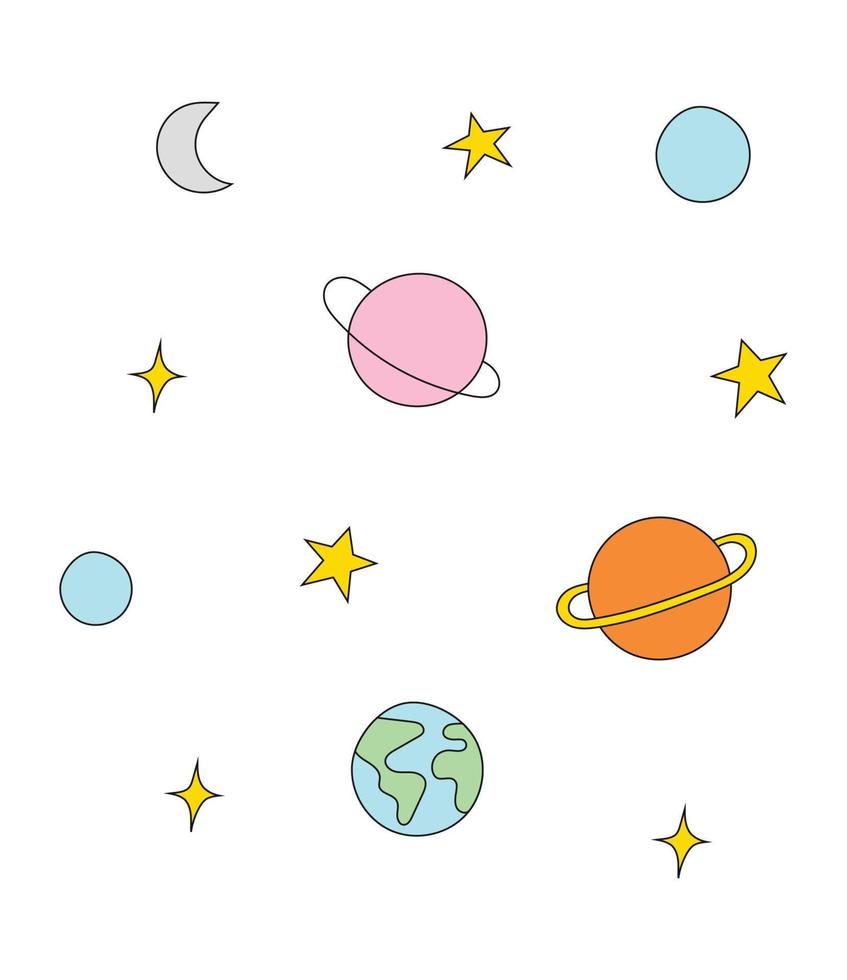 schattige planeten en sterren vectorillustratie. zonnestelsel hand getekende vector