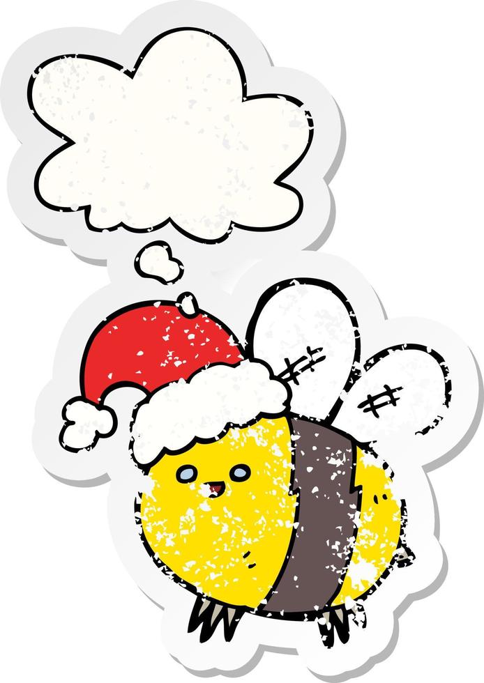 schattige cartoonbij met kerstmuts en gedachte bel als een versleten versleten sticker vector