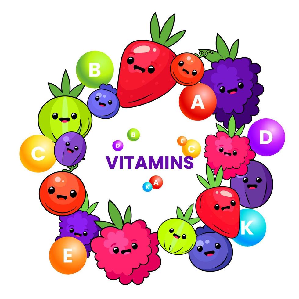 bessen- en fruitplant met vitamines abcdek gezond biologisch voedsel. grappig schattig gezicht. sappige verse bessen, frambozen, kruisbes, bosbessen, bosbessen, bramen, aardbeien, cartoon vector. vector