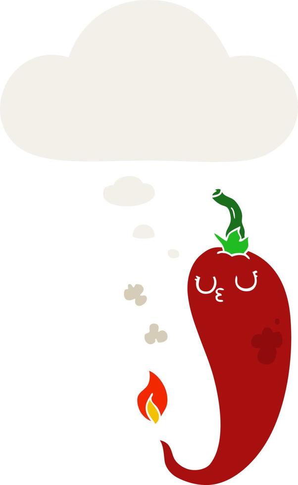 cartoon hete chili peper en gedachte zeepbel in retro stijl vector