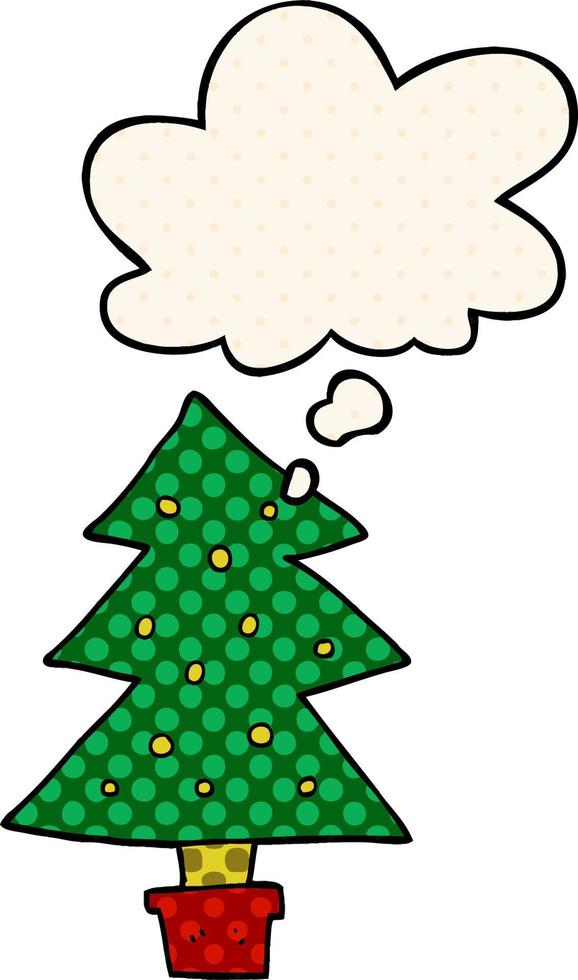 cartoon kerstboom en gedachte bel in stripboekstijl vector