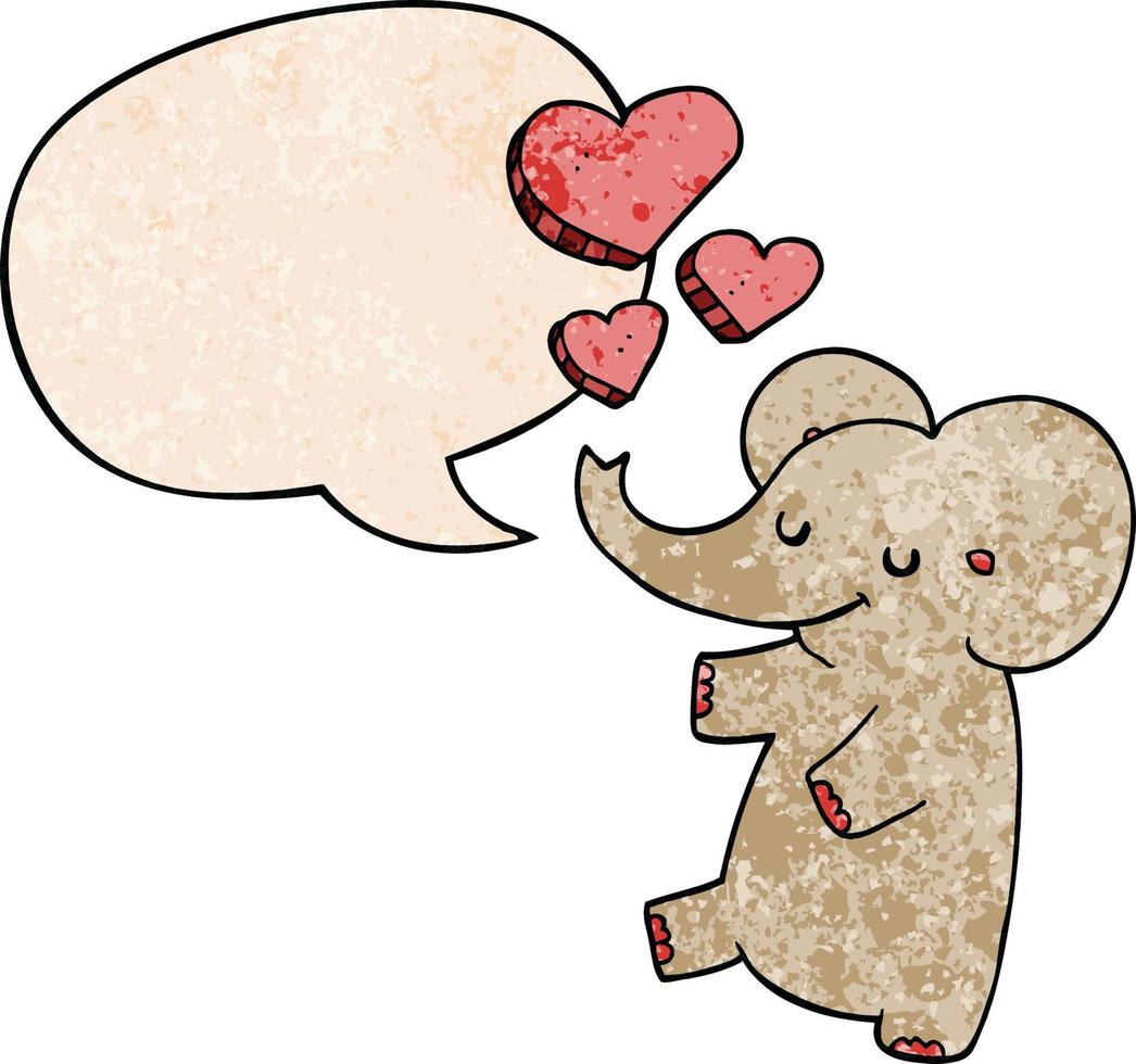 cartoon olifant en liefde harten en tekstballon in retro textuur stijl vector