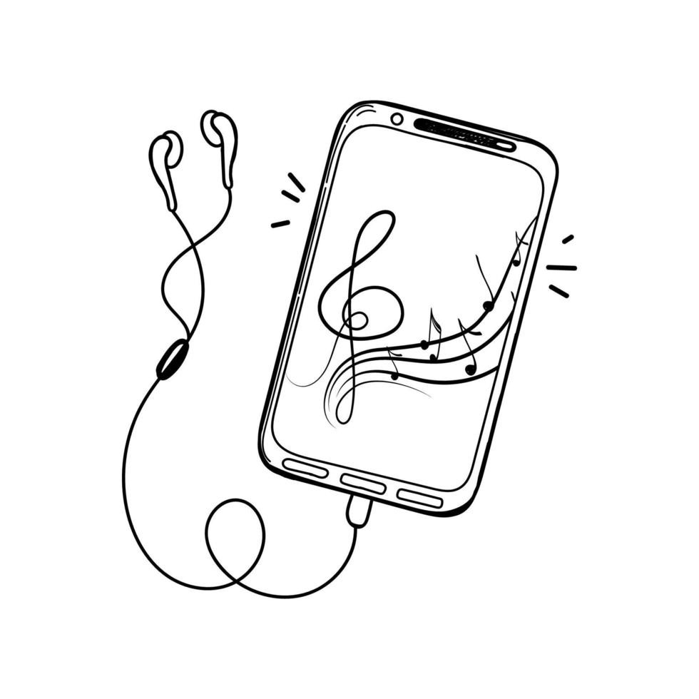een smartphone met koptelefoon, met de hand getekend in doodle-schetsstijl. een apparaat om naar muziek te luisteren. vector in een eenvoudige cartoon-stijl. geïsoleerde elementen op witte achtergrond