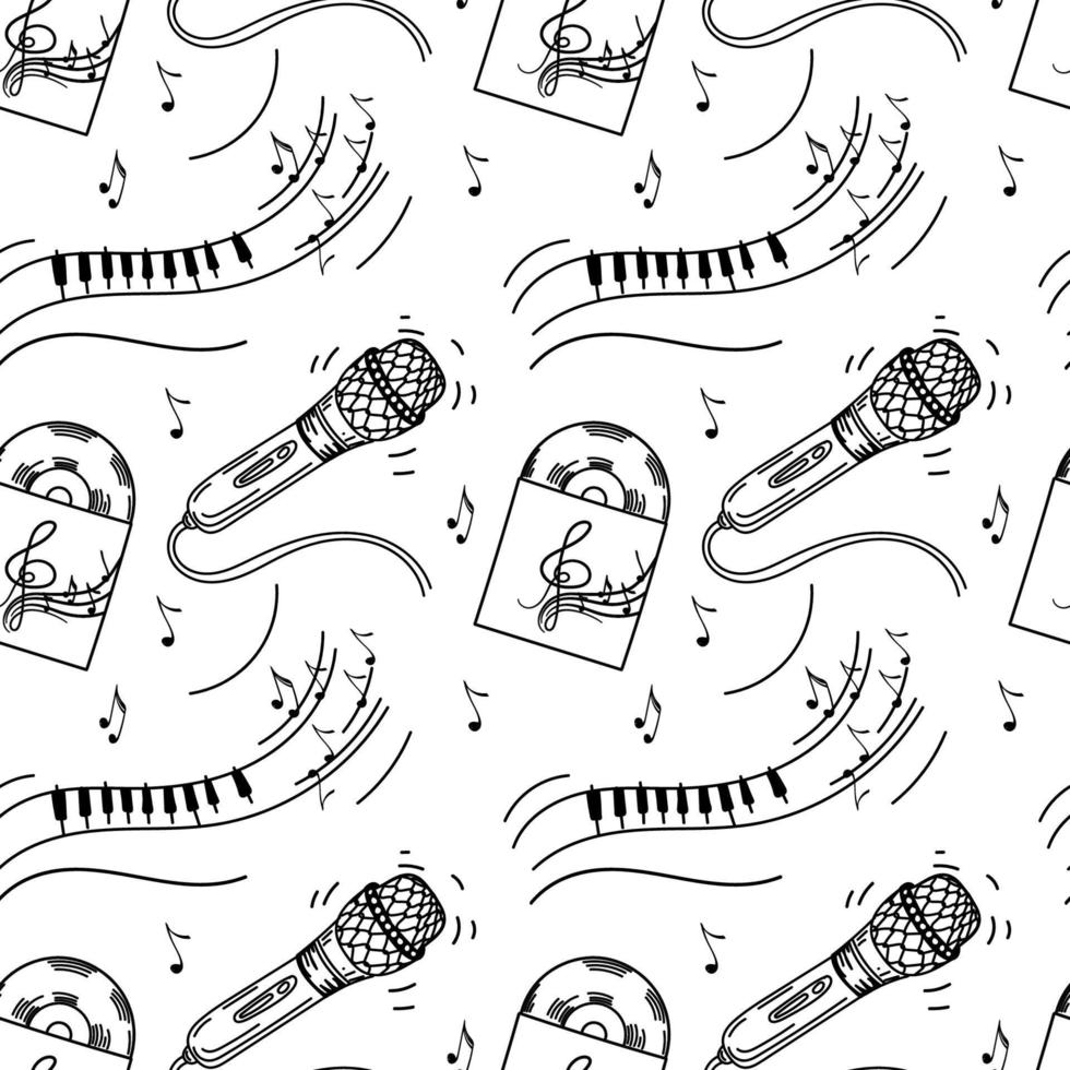 een naadloos patroon van microfoon, piano, vinylplaat en bladmuziek. handgetekende doodle elementen. muziek. inspiratie. muziek achtergrond, vectorillustratie vector