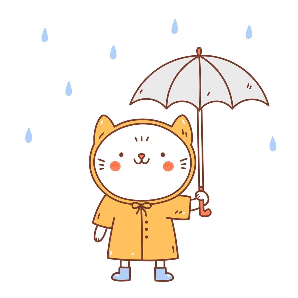 schattige kat in een gele regenjas en rubberen laarzen onder een paraplu. vector handgetekende illustratie in kawaii stijl. perfect voor kaarten, print, t-shirt, poster, decoraties, logo. stripfiguur.