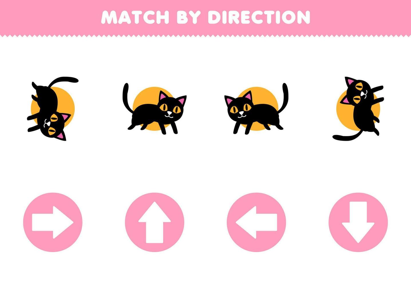 educatief spel voor kinderen match op richting links rechts omhoog of omlaag oriëntatie van schattige cartoon zwarte kat halloween afdrukbaar werkblad vector