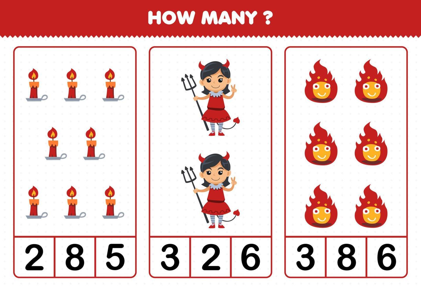 educatief spel voor kinderen tellen hoeveel schattige cartoon kaars duivel meisje kostuum en vuur halloween afdrukbaar werkblad vector
